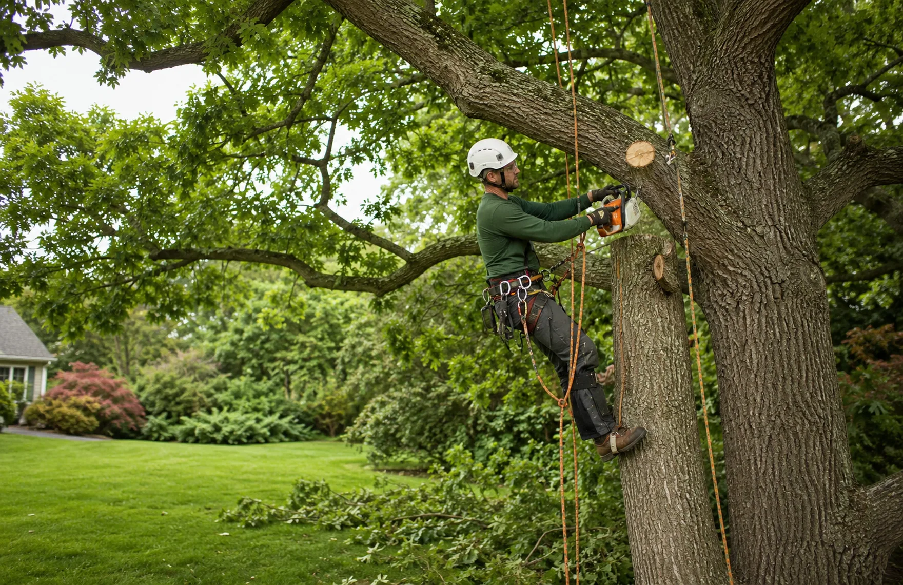 Arborist assessing branch structure in an Edgefield - SC front yard near a walkway, Arborist in Augusta - GA inspecting a mature oak canopy beside a residential driveway