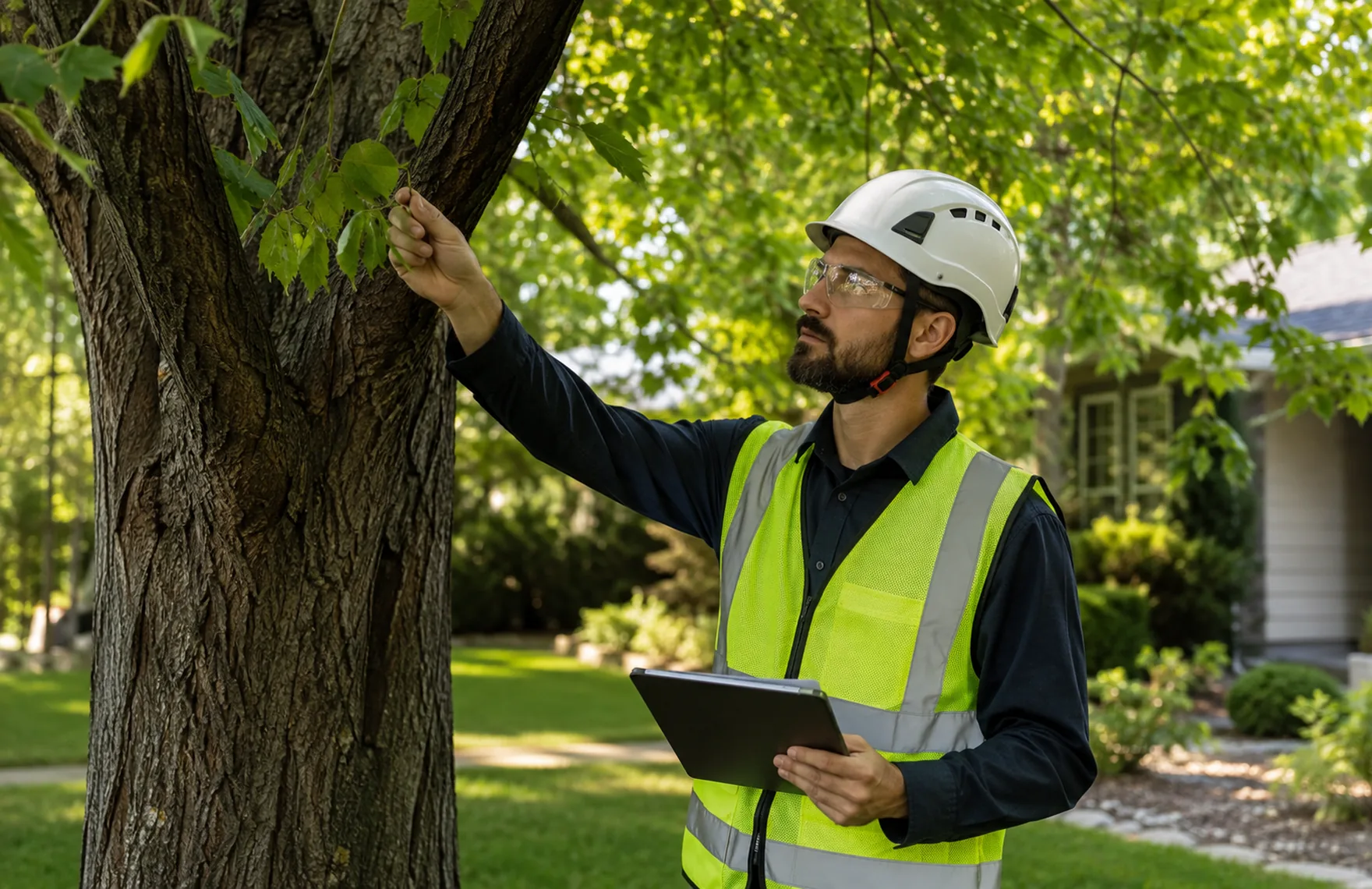 Arborist in North Augusta - SC inspecting storm-stressed branches above a suburban backyard fence, Arborist reviewing upper canopy growth in a Johnston - SC yard near overhead branches, Arborist in Evans - GA inspecting a tall pine beside a neighborhood sidewalk, tree care near me