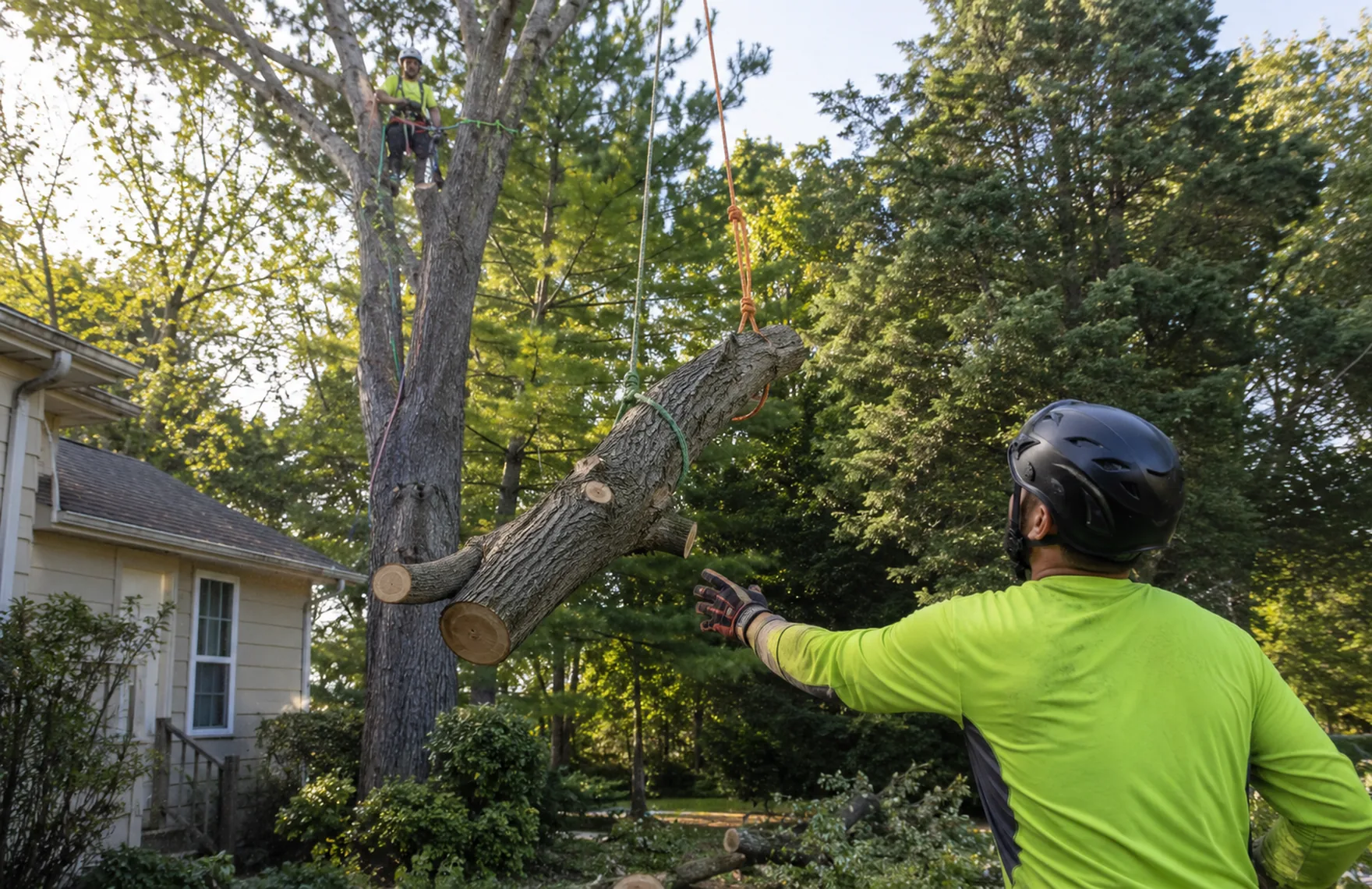 Arborist reviewing trunk condition in a North Augusta - SC front yard near a walkway, Arborist in Trenton - SC examining a large front-yard tree beside a residential driveway, Arborist assessing crown spread in an Evans - GA front yard near a driveway