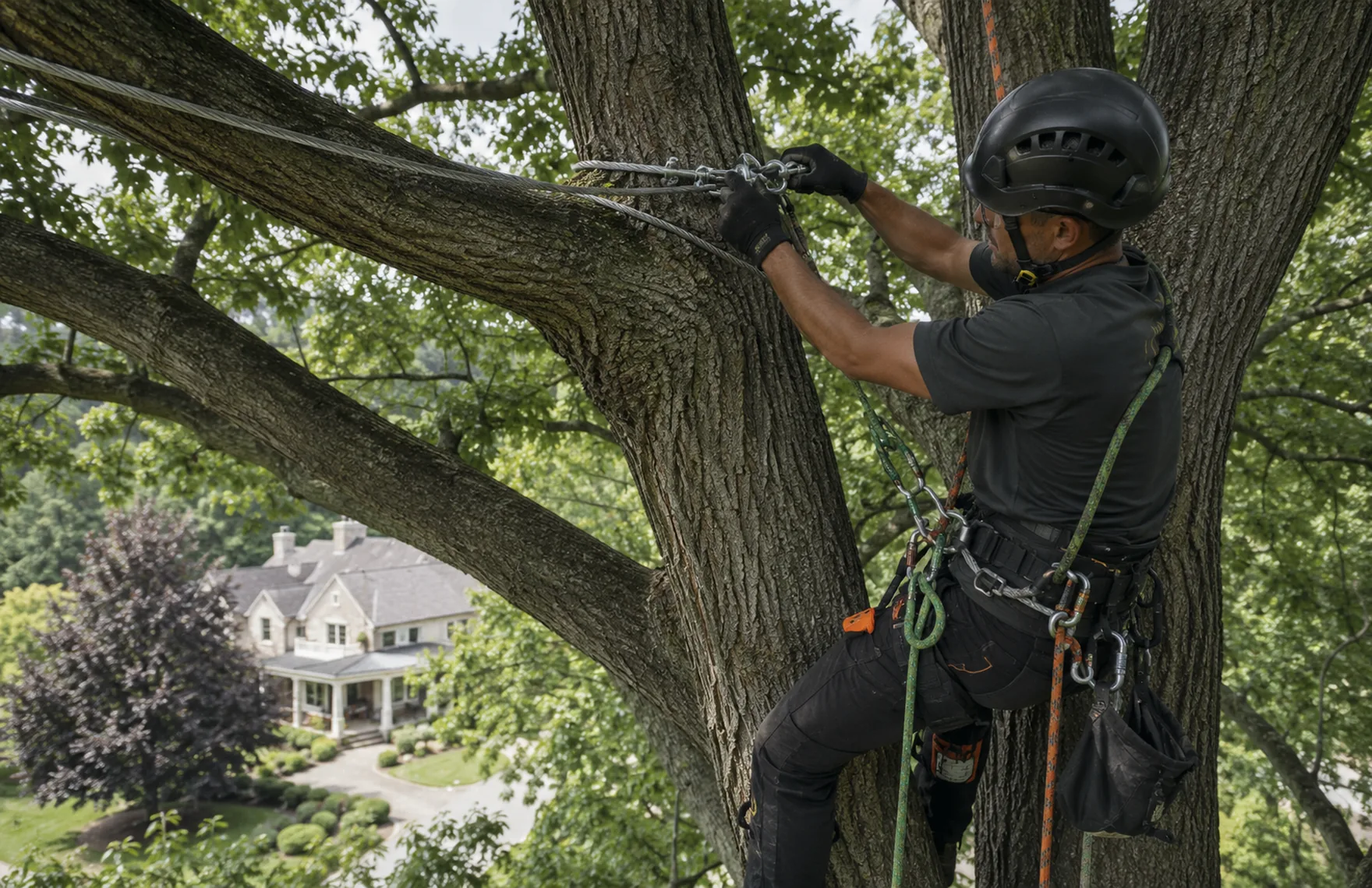Arborist in Graniteville - SC examining canopy spread beside a home before pruning recommendations, Arborist assessing upper limbs in a Trenton - SC yard near a detached structure, Arborist in Aiken, SC, Emergency Tree Removal in North Augusta - SC underway after a large tree blocks a driveway