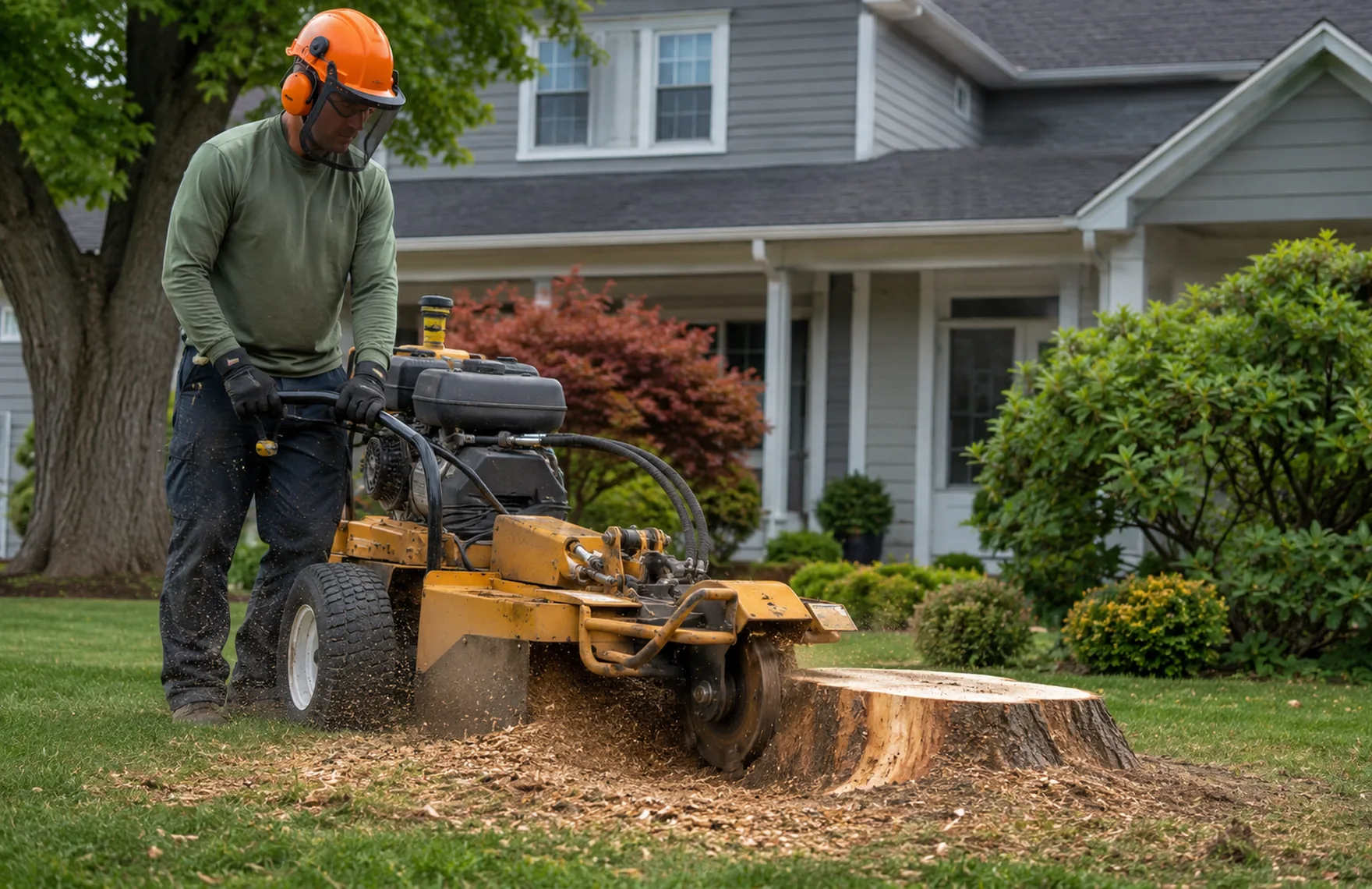 Arborist assessing branch structure in a Graniteville - SC yard near a residential roofline, Crew performing emergency tree removal beside a storm-damaged home in North Augusta - SC