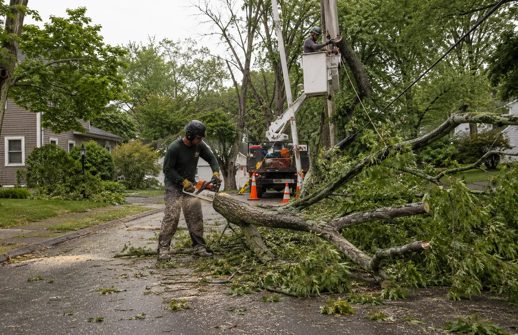 Arborist inspecting upper canopy health in a Jackson - SC yard near a residential structure, Specialists performing emergency tree removal near a damaged fence in Graniteville - SC