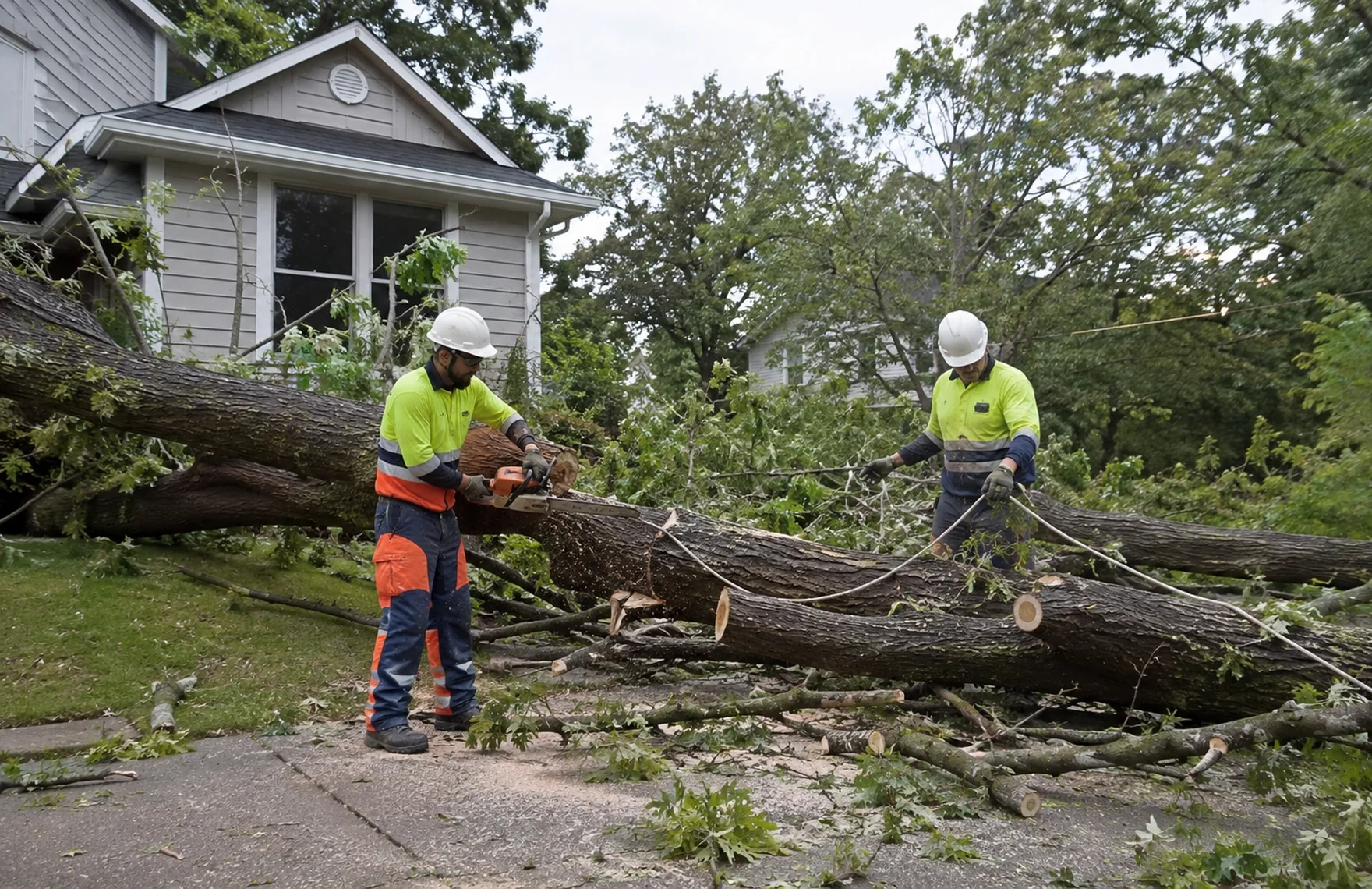 Emergency Tree Removal in Augusta - GA crew cutting a storm-damaged pine away from a roof
