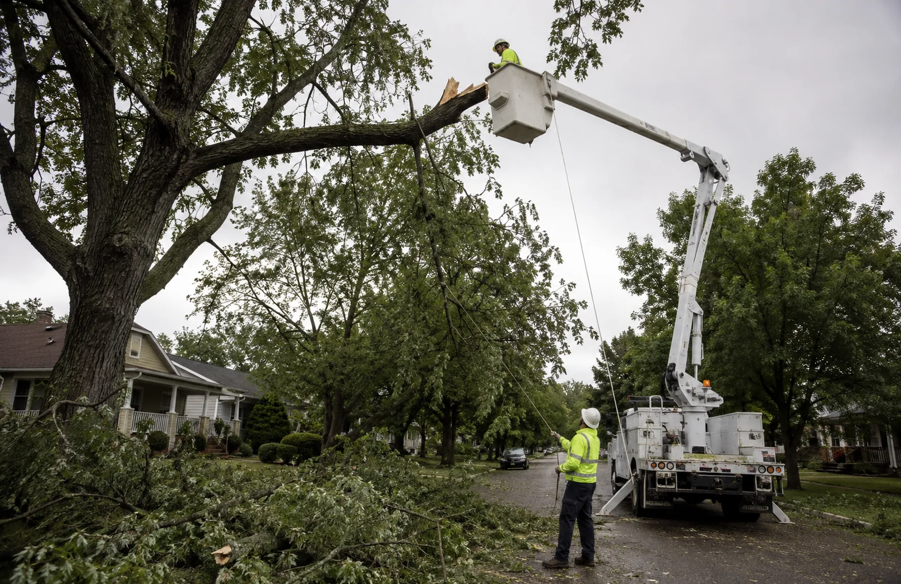 Workers performing emergency tree removal beside a damaged driveway in Augusta - GA after storms