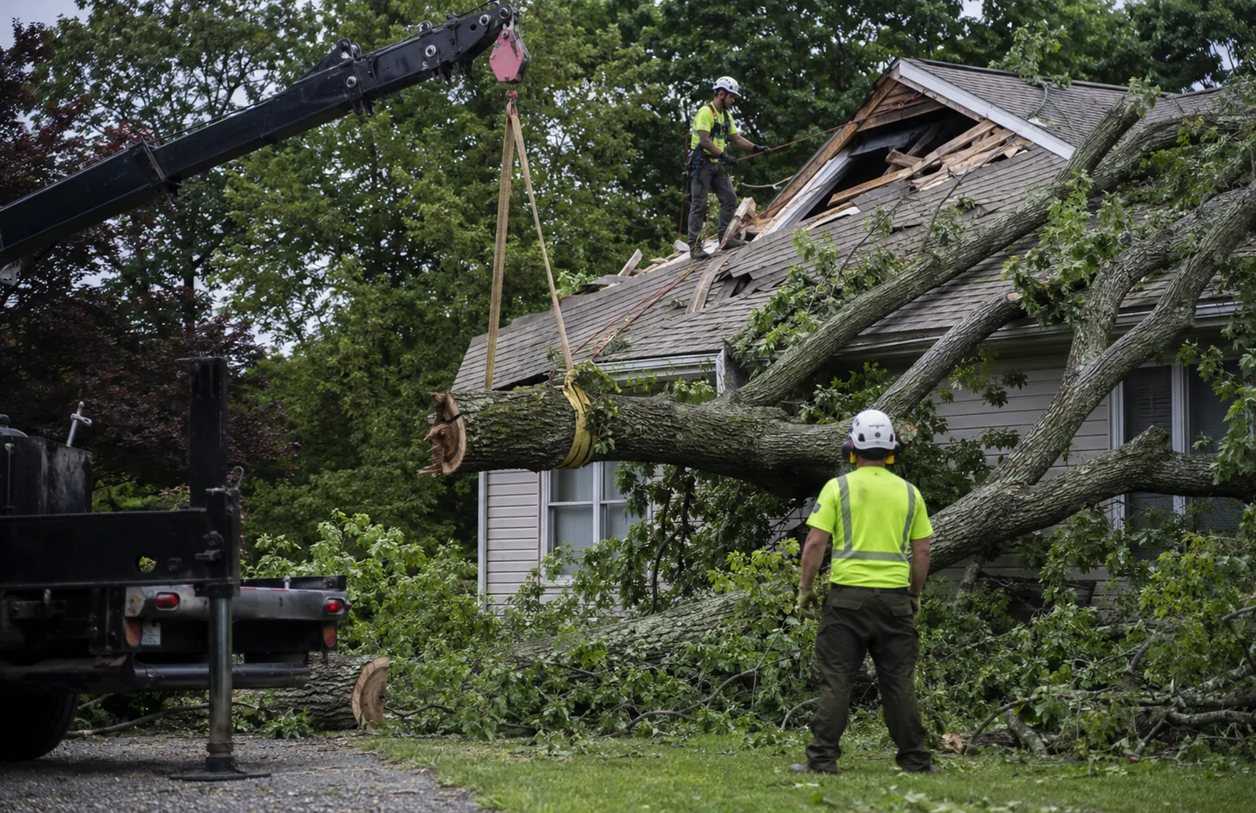 Emergency Tree Removal in Evans - GA crew sectioning a fallen oak beside a blocked driveway