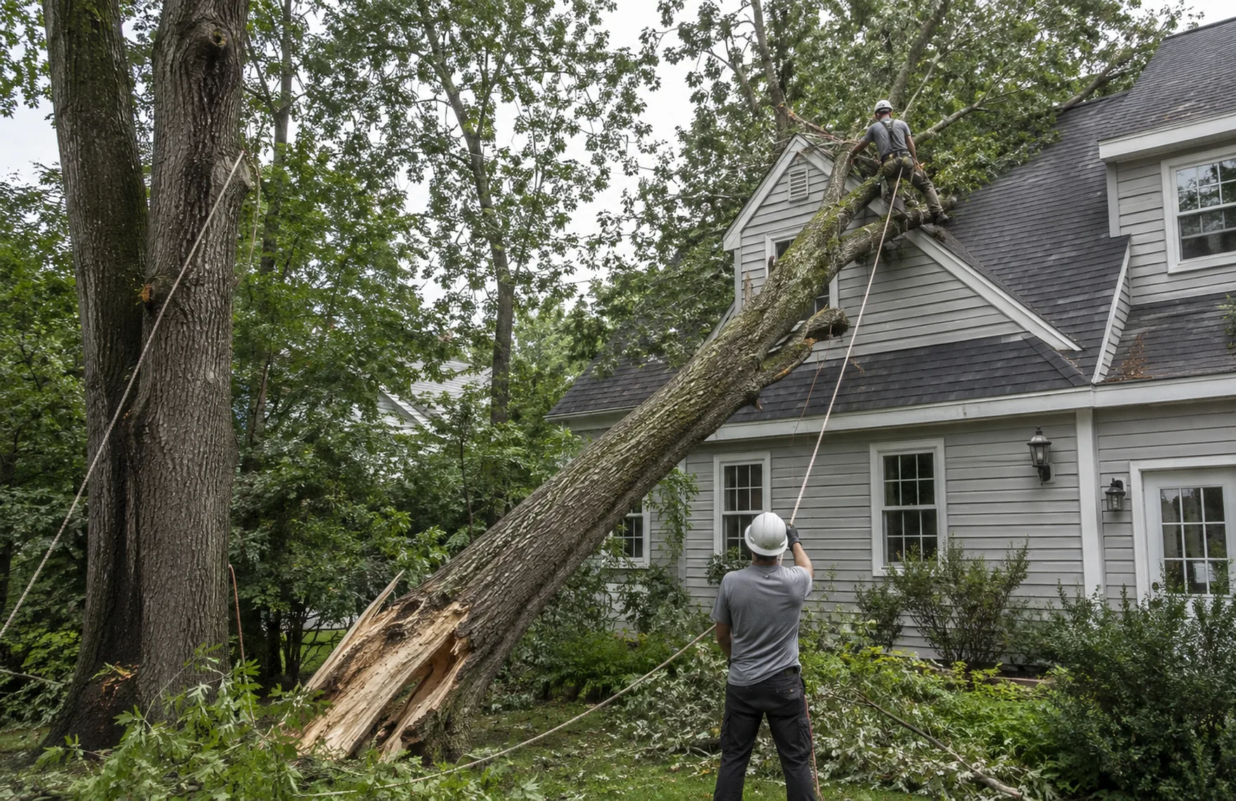 Emergency Tree Removal in Jackson - SC crew cutting a storm-split pine beside a damaged carport, Emergency Tree Removal in Jackson - SC crew cutting a storm-split pine beside a damaged carport, Workers performing emergency tree removal around a leaning oak in Jackson - SC after high winds