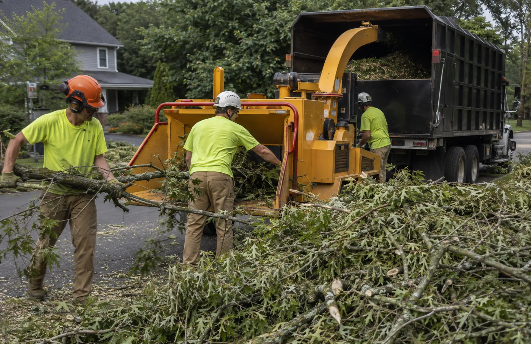 Workers performing emergency tree removal around a leaning oak in Jackson - SC after high winds