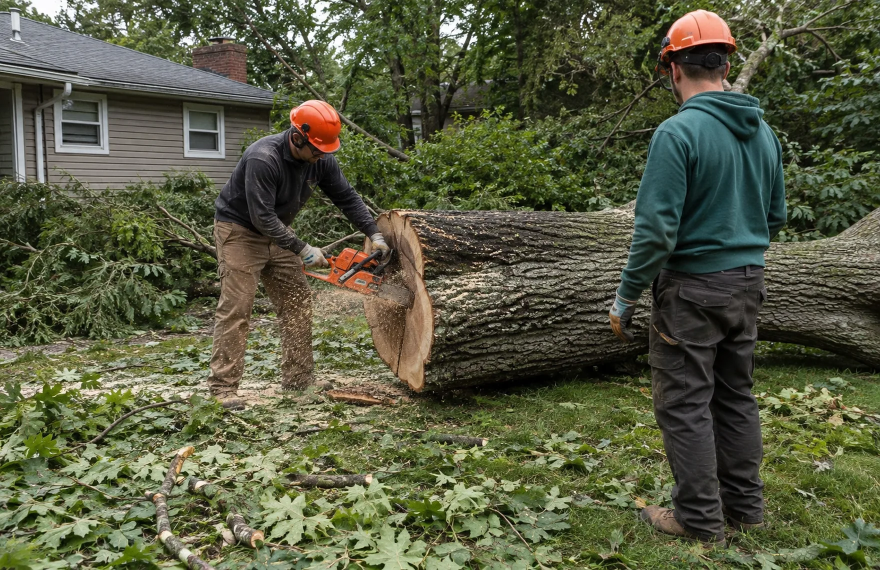 Emergency Tree Removal in Edgefield - SC crew sectioning a fallen oak beside a residential driveway