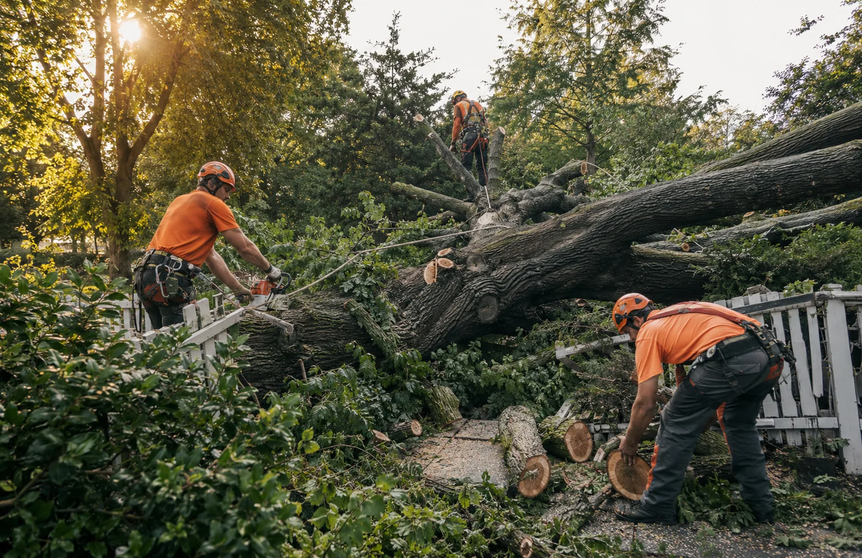 Crew performing Emergency Tree Removal near a damaged shed in Edgefield - SC after overnight winds