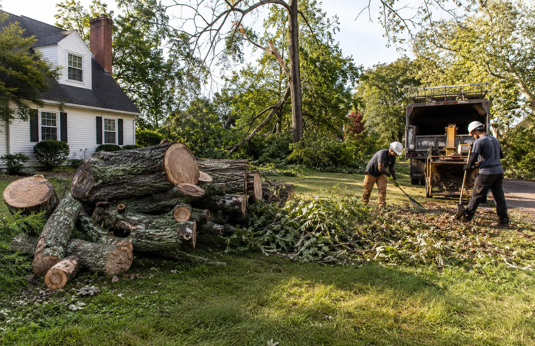 Emergency Tree Removal crew in Johnston - SC lowering a cracked limb away from a roof