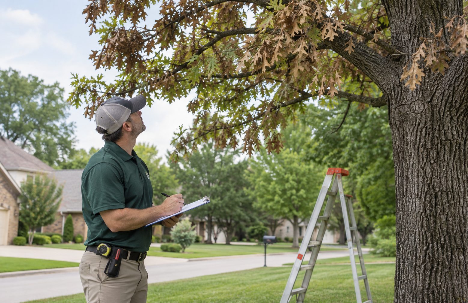 Oak Wilt in North Augusta - SC under review as a crew inspects a stressed backyard oak