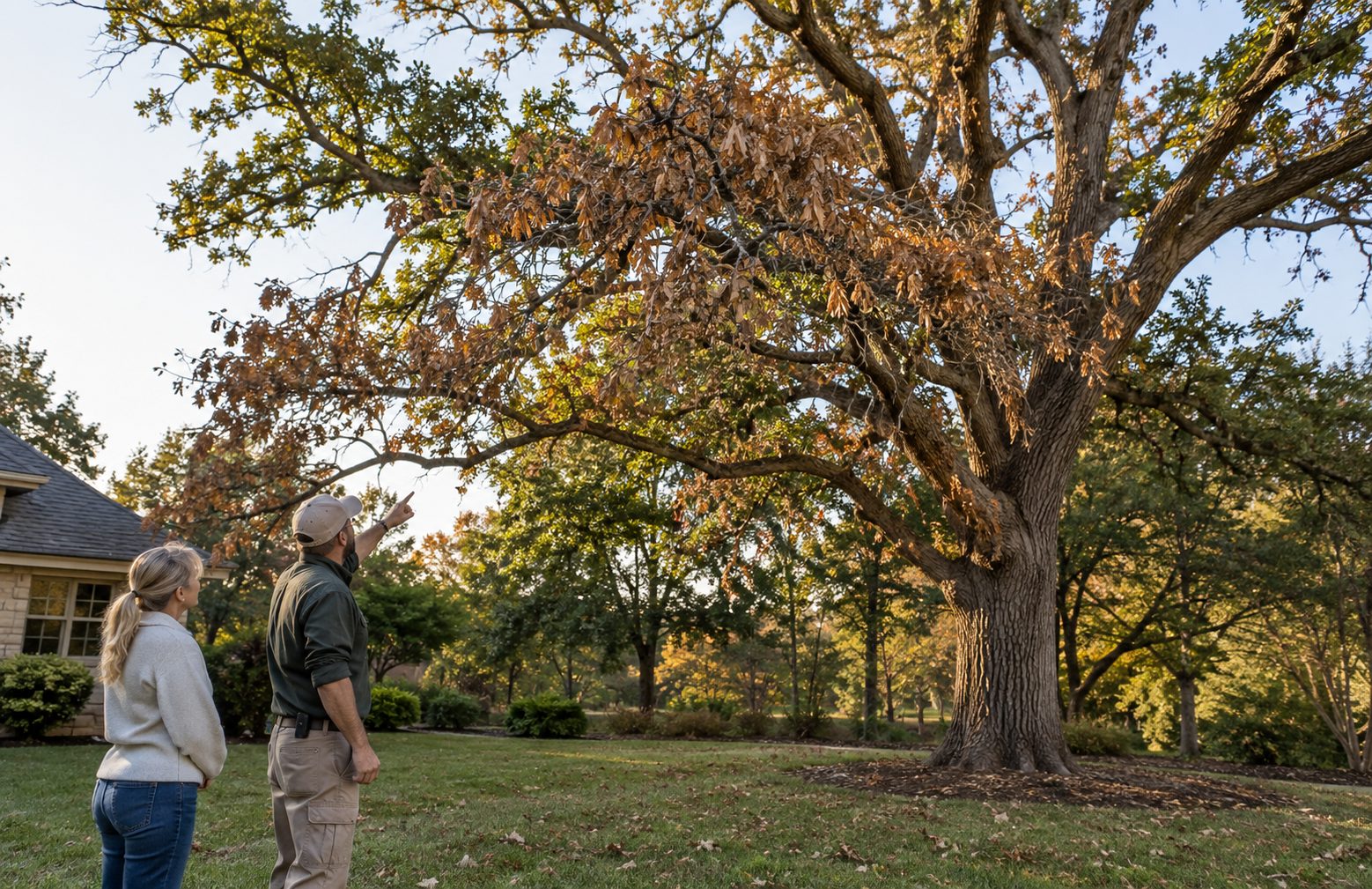 Tree specialist examining Oak Wilt damage on a mature oak in North Augusta - SC near a home
