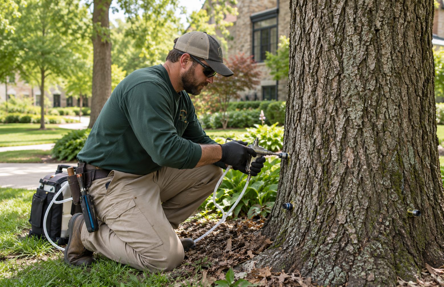 Arborist examining Oak Wilt symptoms on a large shade tree in Graniteville - SC beside a residence